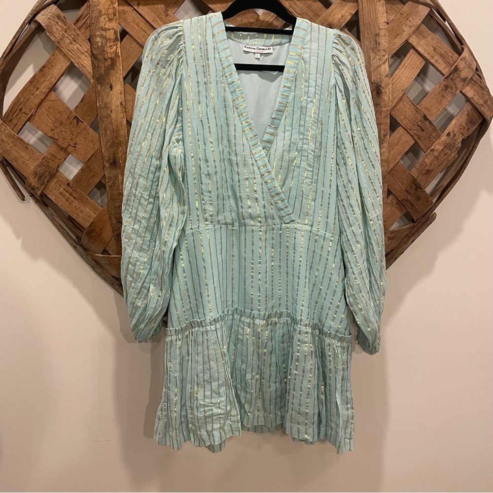 Karina Grimaldi Light Blue & Gold Metallic Stripe Cotton Mini Dress Size Large
